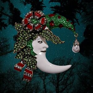 Elegant Green and Red Moon Brooch